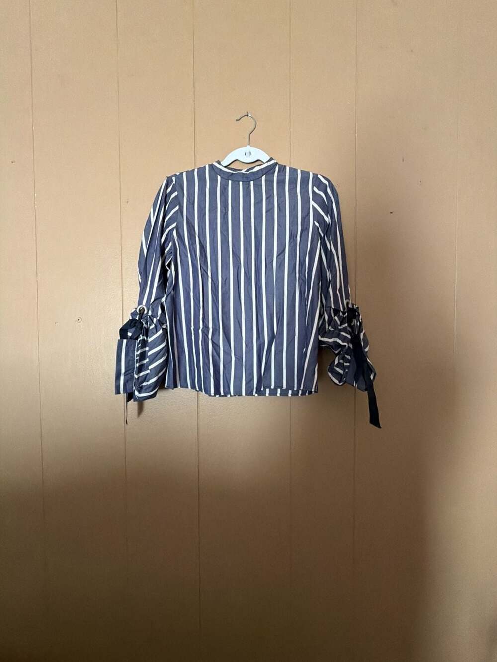 Zara Basic Denim Blue and White Striped Blouse with Bow Sleeve Detail Size XS